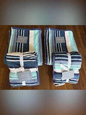 LOFT by LOFTEX Luxury 6Pc - 2 Bath 4 Hand Towel 100% Cotton Aqua Blue Stripe NEW